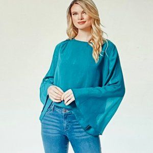 Jessica Simpson Monique Trumpet Sleeve Cropped Blouse in Ocean Depths (XL) NWT